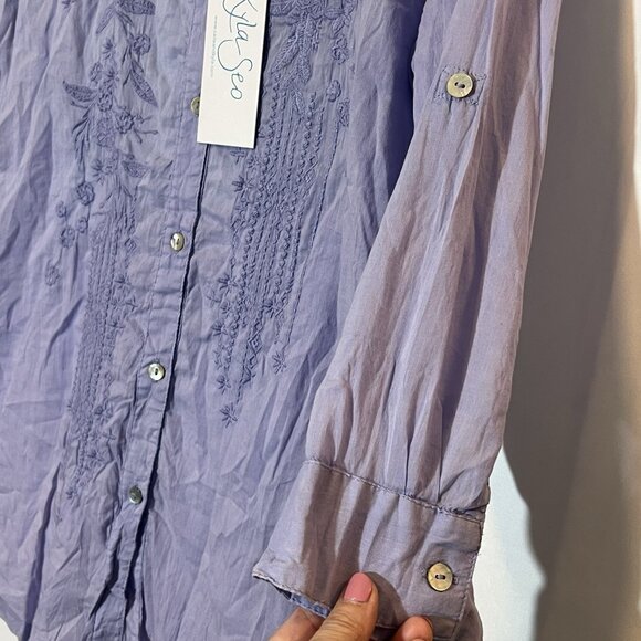 Kyla Seo Anthropologie Blouse Shirt Top Embroidered Small Purple Floral V Neck - Picture 7 of 12